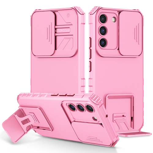 

For Samsung Galaxy S22 5G Stereoscopic Holder Sliding Camshield Phone Case(Pink)