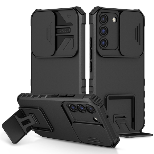 

For Samsung Galaxy S22 5G Stereoscopic Holder Sliding Camshield Phone Case(Black)