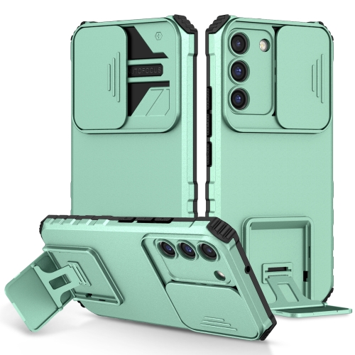 

For Samsung Galaxy S22 5G Stereoscopic Holder Sliding Camshield Phone Case(Light Green)