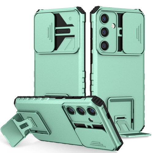 

For Samsung Galaxy S24 5G Stereoscopic Holder Sliding Camshield Phone Case(Light Green)