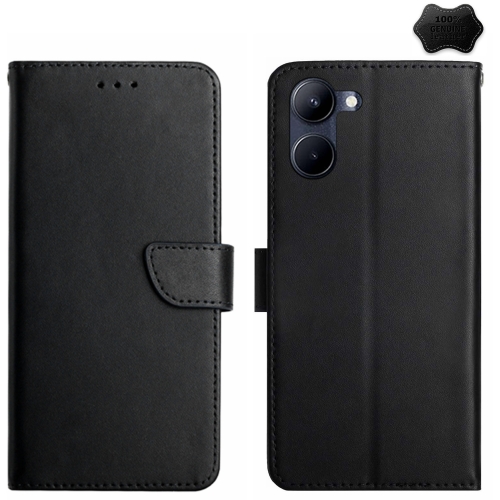 

For vivo Y03 4G Genuine Leather Fingerprint-proof Flip Phone Case(Black)