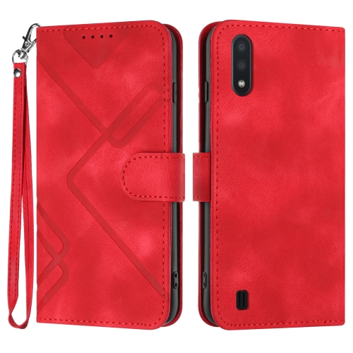 For Samsung Galaxy A01 / M01 Line Pattern Skin Feel Leather Phone Case(Red) for samsung galaxy s23 ultra 5g painted pattern precise hole pc phone case orange label