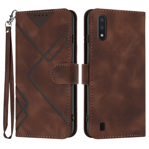 

For Samsung Galaxy A01 / M01 Line Pattern Skin Feel Leather Phone Case(Coffee)