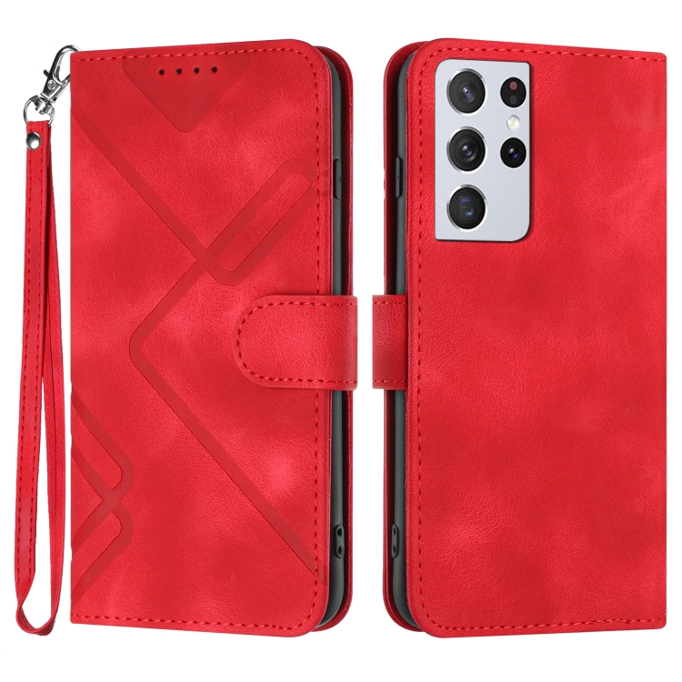 

For Samsung Galaxy S21 Ultra 5G Line Pattern Skin Feel Leather Phone Case(Red)