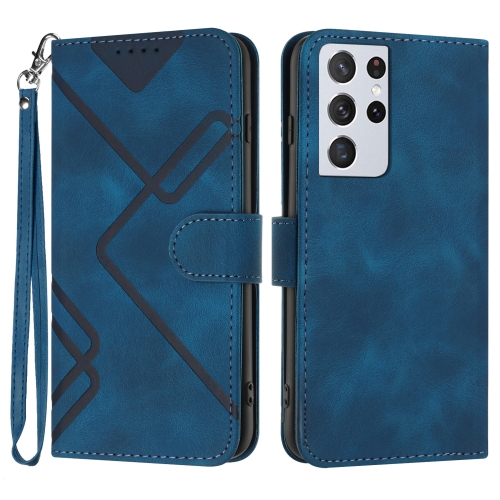 

For Samsung Galaxy S21 Ultra 5G Line Pattern Skin Feel Leather Phone Case(Royal Blue)