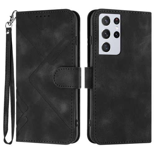 For Samsung Galaxy S21 Ultra 5G Line Pattern Skin Feel Leather Phone Case(Black)