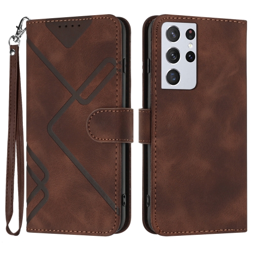 

For Samsung Galaxy S21 Ultra 5G Line Pattern Skin Feel Leather Phone Case(Coffee)