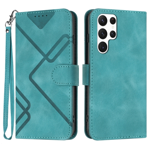 For Samsung Galaxy S22 Ultra 5G Line Pattern Skin Feel Leather Phone Case(Light Blue) for samsung galaxy s23 ultra 5g sliding camshield magsafe holder tpu hybrid pc phone case red