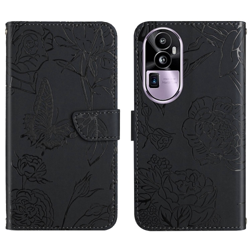 

For OPPO Reno10 Pro+ HT03 Skin Feel Butterfly Embossed Flip Leather Phone Case(Black)