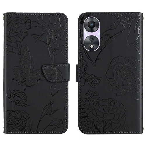 

For OPPO A58 4G HT03 Skin Feel Butterfly Embossed Flip Leather Phone Case(Black)