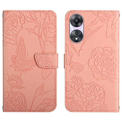 

For OPPO A58 4G HT03 Skin Feel Butterfly Embossed Flip Leather Phone Case(Pink)