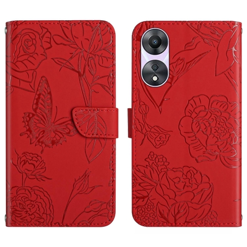 

For OPPO A58 4G HT03 Skin Feel Butterfly Embossed Flip Leather Phone Case(Red)