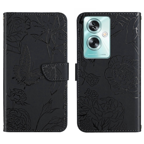 

For OPPO A59 5G HT03 Skin Feel Butterfly Embossed Flip Leather Phone Case(Black)