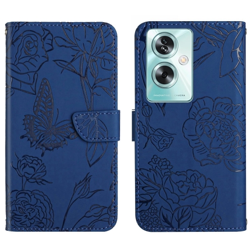 

For OPPO A59 5G HT03 Skin Feel Butterfly Embossed Flip Leather Phone Case(Blue)