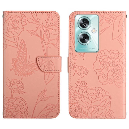 

For OPPO A59 5G HT03 Skin Feel Butterfly Embossed Flip Leather Phone Case(Pink)