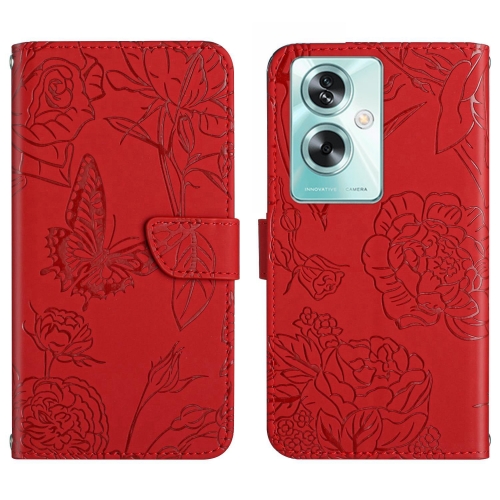 

For OPPO A59 5G HT03 Skin Feel Butterfly Embossed Flip Leather Phone Case(Red)