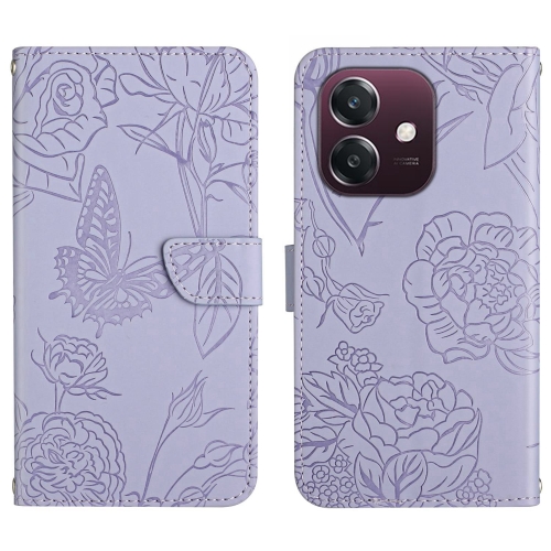 

For OPPO A3x India HT03 Skin Feel Butterfly Embossed Flip Leather Phone Case(Purple)