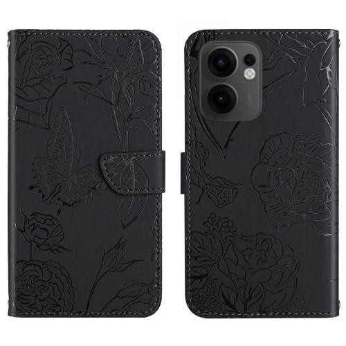 

For OPPO Reno13 F HT03 Skin Feel Butterfly Embossed Flip Leather Phone Case(Black)