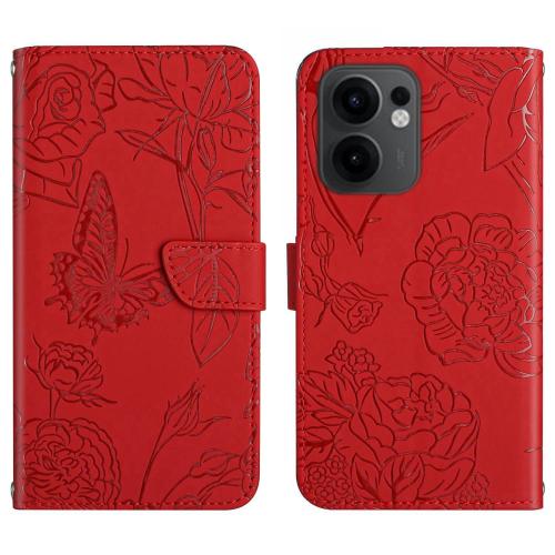 

For OPPO Reno13 F HT03 Skin Feel Butterfly Embossed Flip Leather Phone Case(Red)