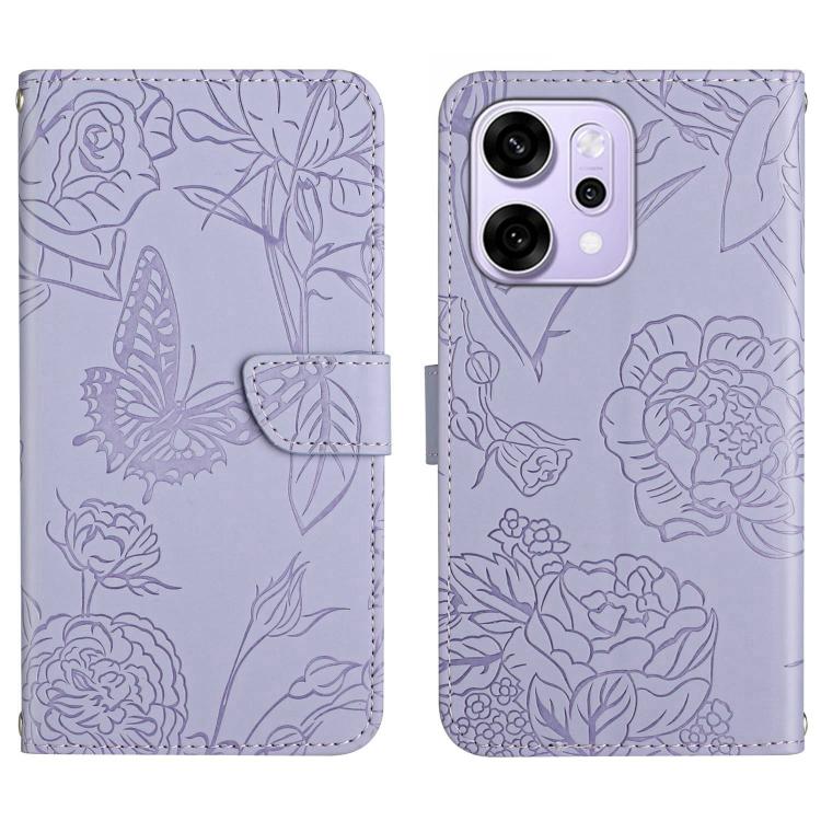 

For OPPO Reno14 5G Global HT03 Skin Feel Butterfly Embossed Flip Leather Phone Case(Purple)
