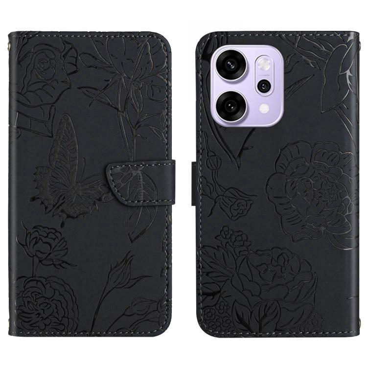 

For OPPO Reno14 5G Global HT03 Skin Feel Butterfly Embossed Flip Leather Phone Case(Black)