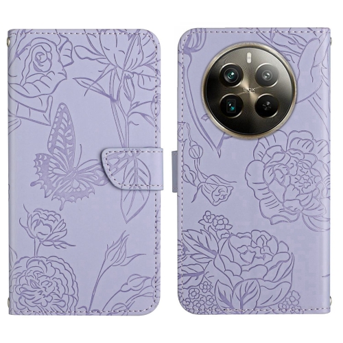 

For Realme 12+ Global HT03 Skin Feel Butterfly Embossed Flip Leather Phone Case(Purple)
