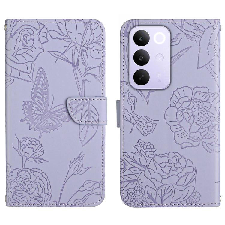 

For Realme C85 5G HT03 Skin Feel Butterfly Embossed Flip Leather Phone Case(Purple)