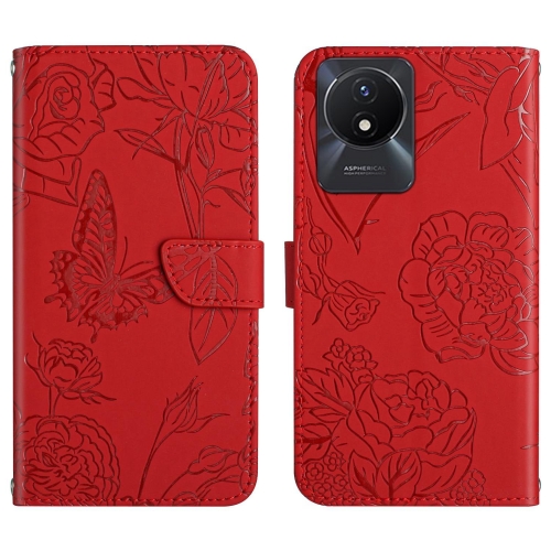 

For vivo Y02A 4G / Y02 4G / Y11 2023 HT03 Skin Feel Butterfly Embossed Flip Leather Phone Case(Red)