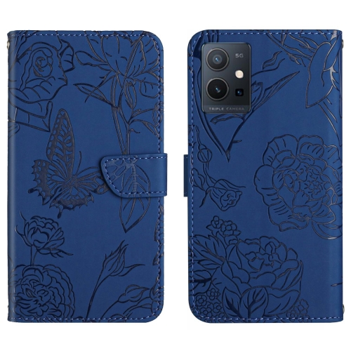 

For vivo Y75 5G Global HT03 Skin Feel Butterfly Embossed Flip Leather Phone Case(Blue)