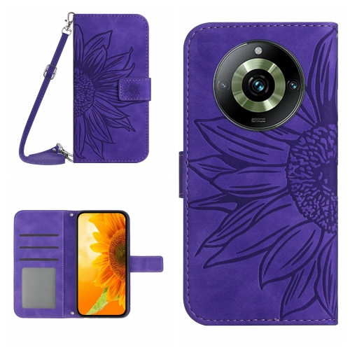 

For Realme 11 Pro Skin Feel Sun Flower Embossed Flip Leather Phone Case with Lanyard(Dark Purple)