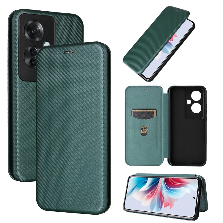 

For OPPO Reno11 F 5G Carbon Fiber Texture Flip Leather Phone Case(Green)