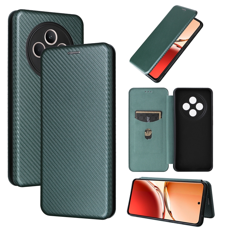 

For OPPO Reno12 F 5G / 4G Carbon Fiber Texture Flip Leather Phone Case(Green)