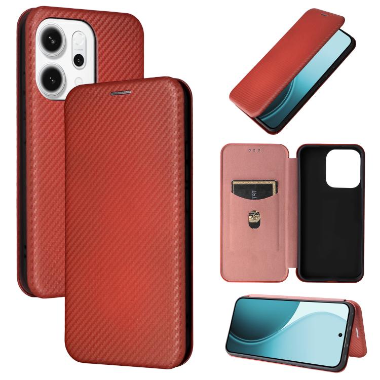 

For OPPO Reno14 5G Global Carbon Fiber Texture Flip Leather Phone Case(Brown)