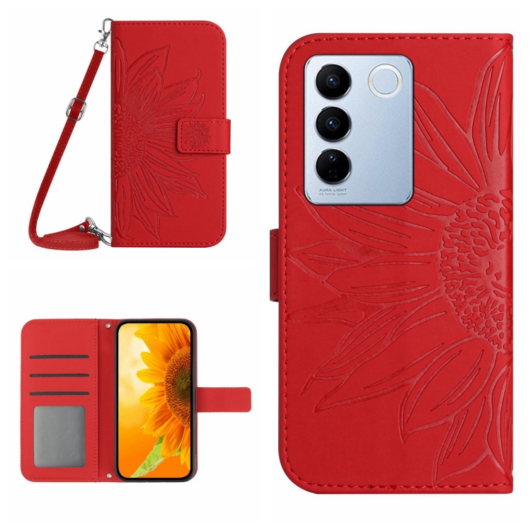 

For vivo V27E 4G Global Skin Feel Sun Flower Embossed Flip Leather Phone Case with Lanyard(Red)