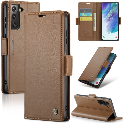 

For Samsung Galaxy S21 FE 5G CaseMe 023 Butterfly Buckle Litchi Texture RFID Anti-theft Leather Phone Case(Brown)