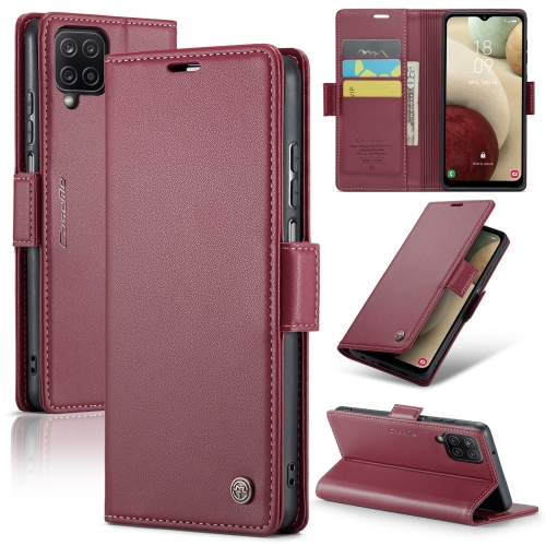 

For Samsung Galaxy A12 5G CaseMe 023 Butterfly Buckle Litchi Texture RFID Anti-theft Leather Phone Case(Wine Red)