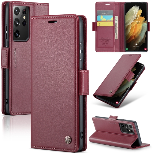 

For Samsung Galaxy S21 Ultra 5G CaseMe 023 Butterfly Buckle Litchi Texture RFID Anti-theft Leather Phone Case(Wine Red)