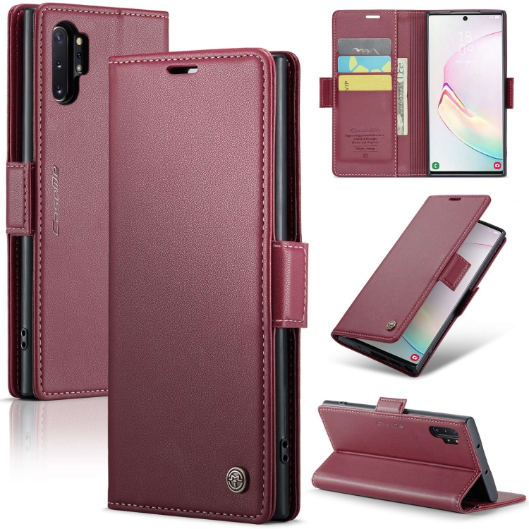 

For Samsung Galaxy Note10+ CaseMe 023 Butterfly Buckle Litchi Texture RFID Anti-theft Leather Phone Case(Wine Red)