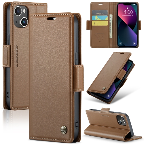 

For iPhone 14 Plus CaseMe 023 Butterfly Buckle Litchi Texture RFID Anti-theft Leather Phone Case(Brown)