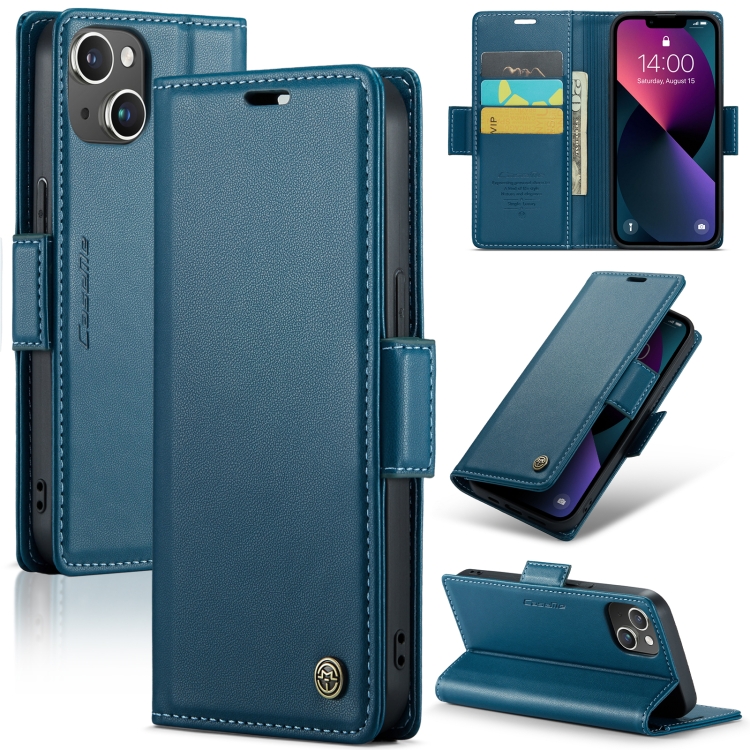 

For iPhone 14 Plus CaseMe 023 Butterfly Buckle Litchi Texture RFID Anti-theft Leather Phone Case(Blue)