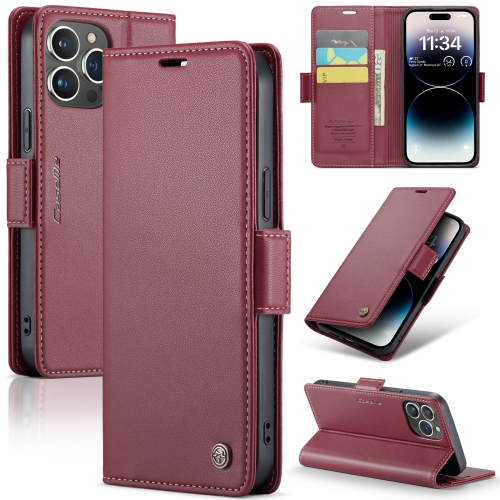 

For iPhone 14 Pro Max CaseMe 023 Butterfly Buckle Litchi Texture RFID Anti-theft Leather Phone Case(Wine Red)