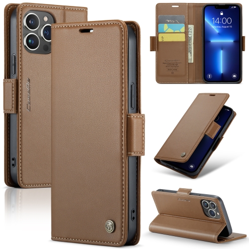 

For iPhone 13 Pro Max CaseMe 023 Butterfly Buckle Litchi Texture RFID Anti-theft Leather Phone Case(Brown)