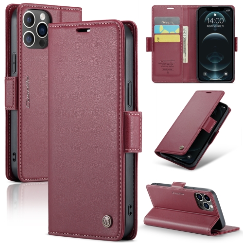 

For iPhone 12 Pro Max CaseMe 023 Butterfly Buckle Litchi Texture RFID Anti-theft Leather Phone Case(Wine Red)
