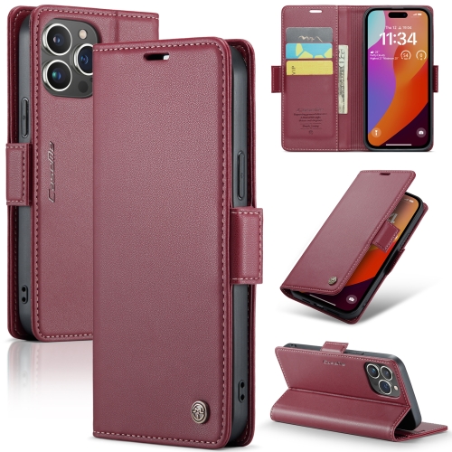 For iPhone 15 Pro Max CaseMe 023 Butterfly Buckle Litchi Texture RFID Anti-theft Leather Phone Case(Wine Red)