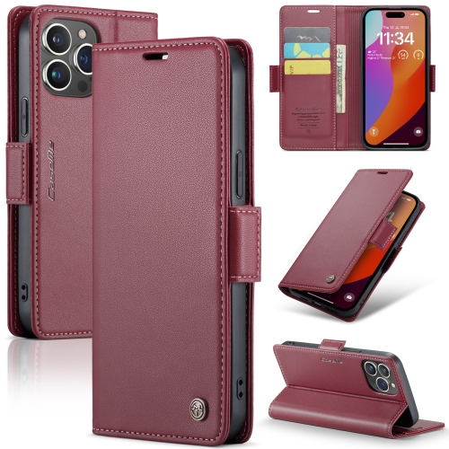 

For iPhone 15 Pro CaseMe 023 Butterfly Buckle Litchi Texture RFID Anti-theft Leather Phone Case(Wine Red)
