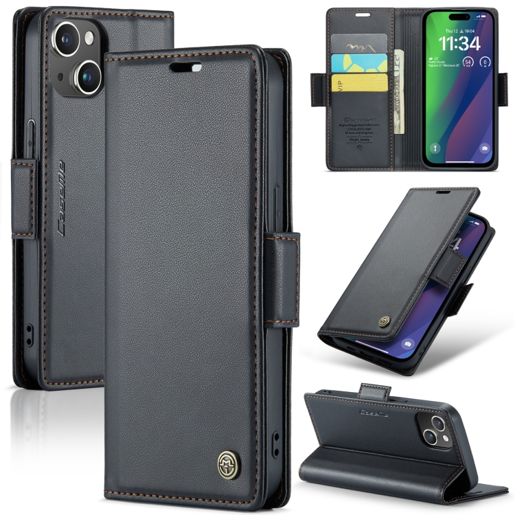 

For iPhone 15 Plus CaseMe 023 Butterfly Buckle Litchi Texture RFID Anti-theft Leather Phone Case(Black)
