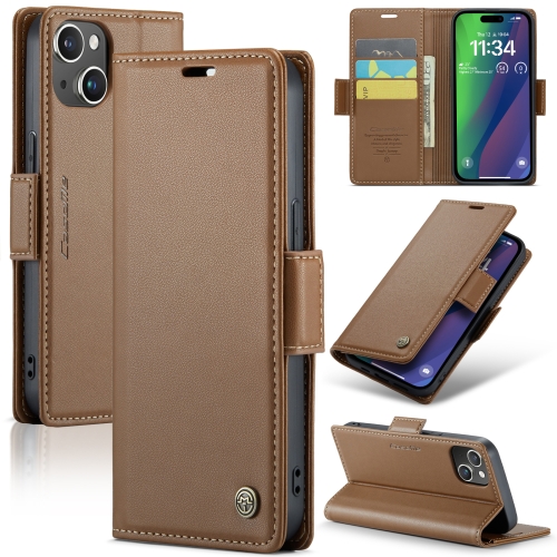 

For iPhone 15 Plus CaseMe 023 Butterfly Buckle Litchi Texture RFID Anti-theft Leather Phone Case(Brown)