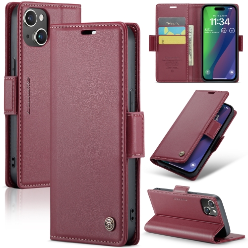 

For iPhone 15 Plus CaseMe 023 Butterfly Buckle Litchi Texture RFID Anti-theft Leather Phone Case(Wine Red)