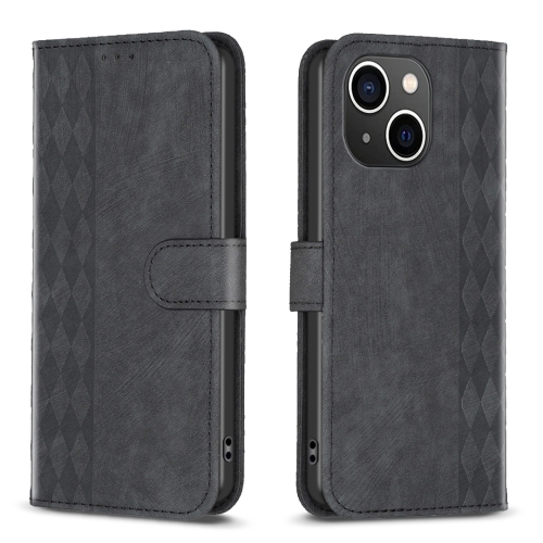 

For iPhone 14 Plaid Embossed Leather Phone Case(Black)