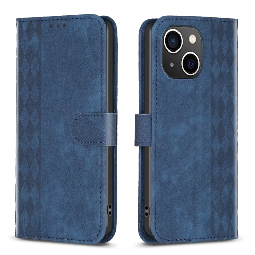 

For iPhone 14 Plus Plaid Embossed Leather Phone Case(Blue)